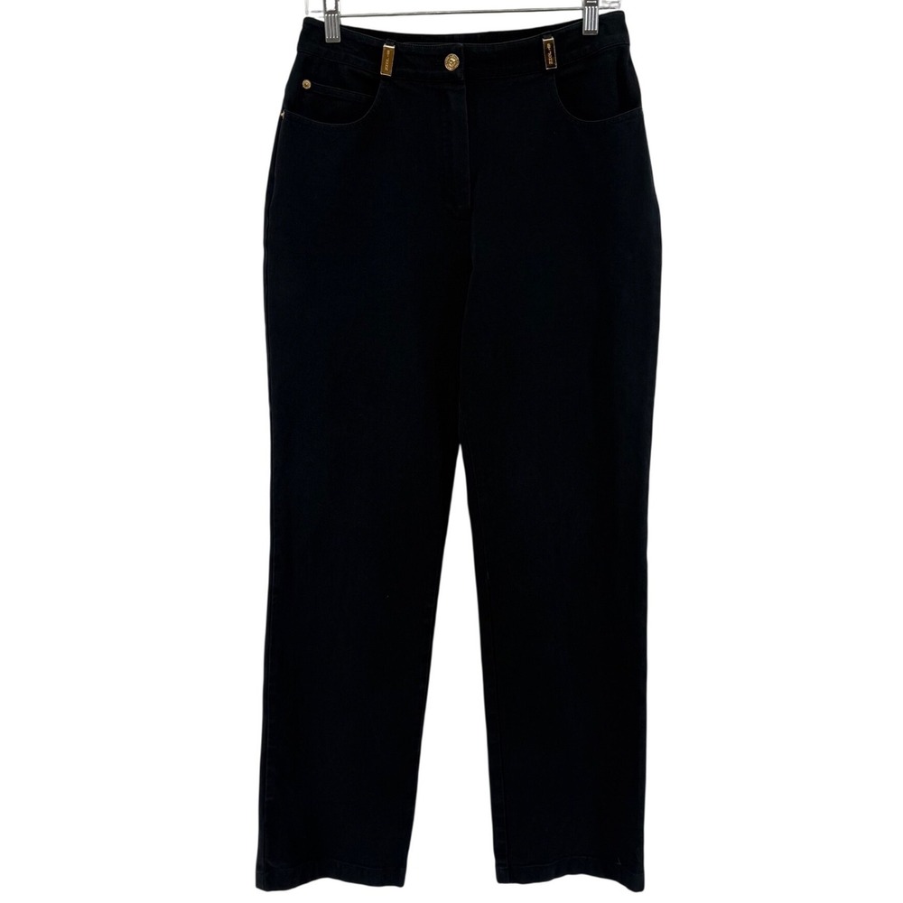St John Sport Black‎ Straight Leg Pants Gold Logo Hardware Size 6 High Rise
